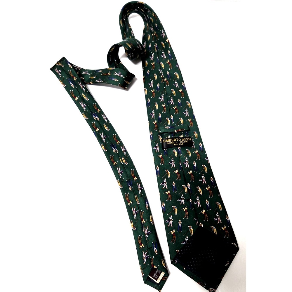 Umberto Bossi Necktie Vintage Golfers Evergreen/Gold/Burg Roma Milano Silk Tie - Picture 6 of 10